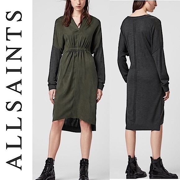 ALLSAINTS Lorca Cupro Merino Wool Mix Media Long Sleeve Midi Sweater Dress XS
